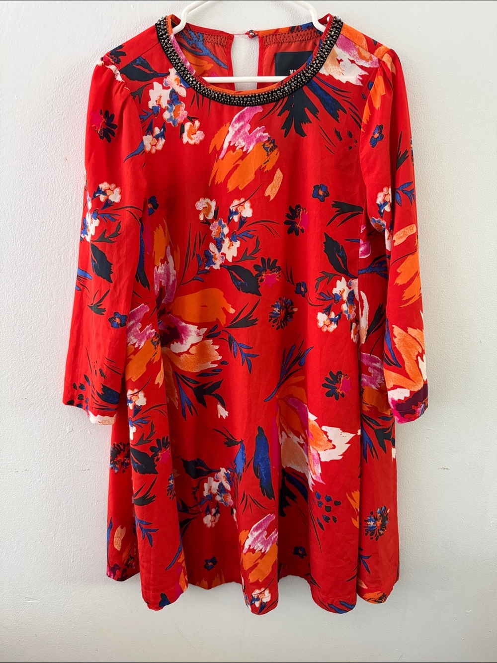 Maeve Red Floral Beaded-Neck Long Sleeve Swing Dress Sz M